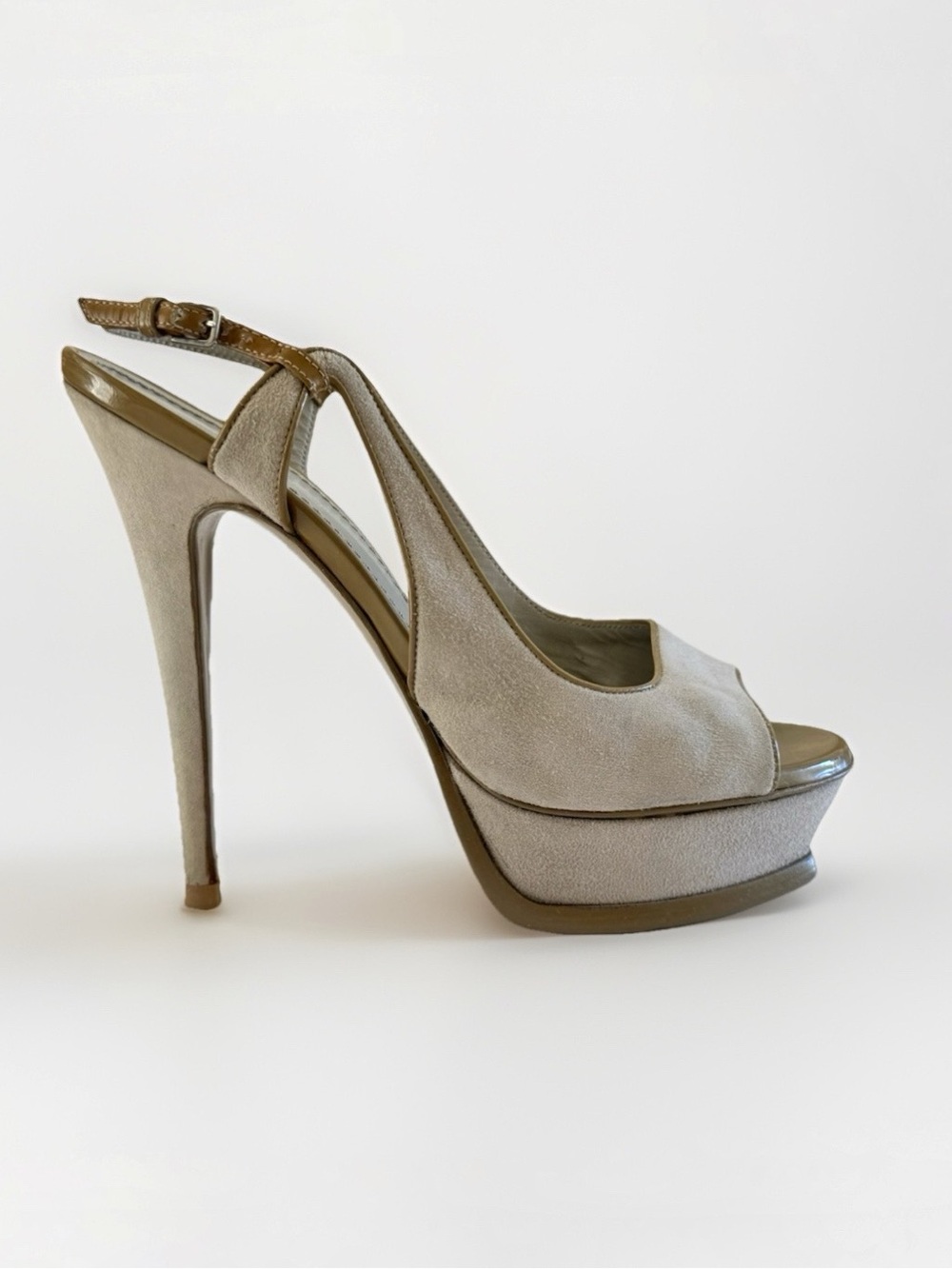 YSL YVES SAINT LAURENT GRAY SUEDE GREEN TRIM PLATFORM TRIBUTE SLINGBACK HEELS